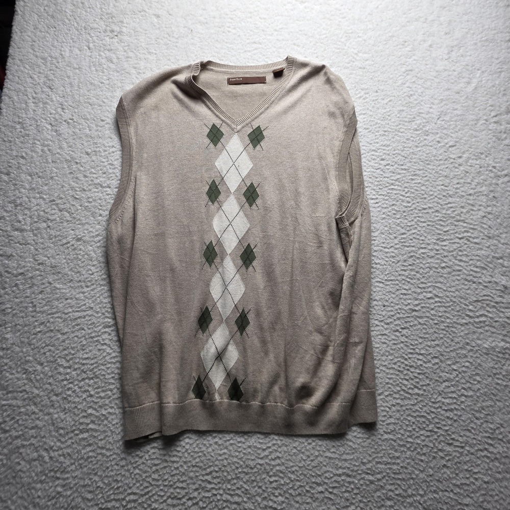 Perry Ellis Sweater Vest Mens 2XL Beige Argyle V Neck Cotton Rayon Knit Pullover